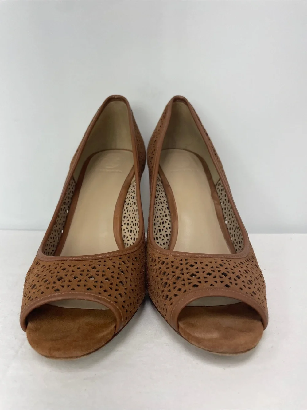 Tory Burch Tan Laser-Cut Peep-Toe Pumps, Size 8.5